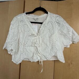 Moon River White Eyelet Lace-Up Cropped Blouse